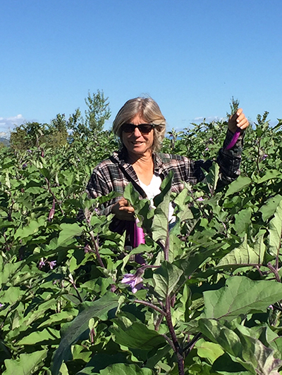 amy in eggplant field